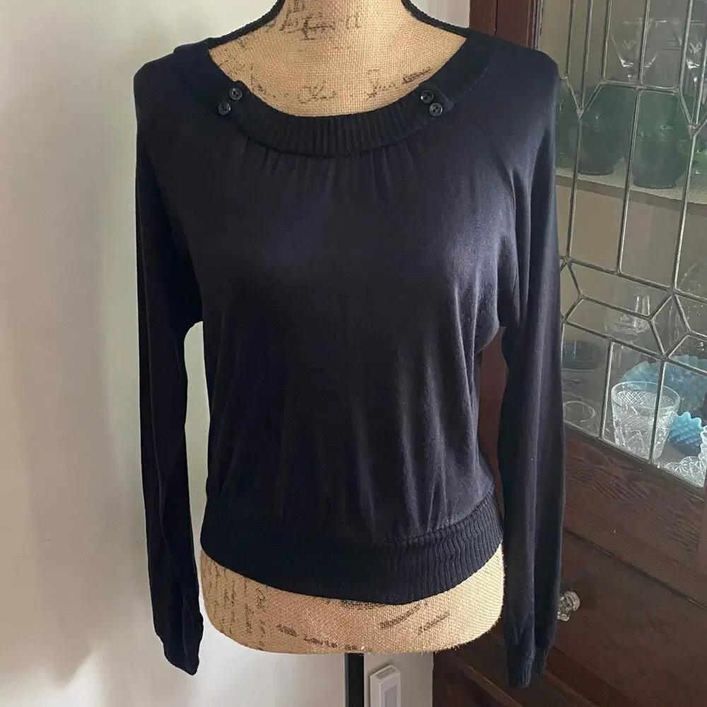 70s Vintage Black Boatneck Sweater Size M Buttons Long Sleeve Minimalist Goth